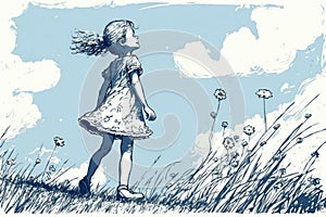 Summer time happiness. Little girl have a walk outdoors. Rural scene. Beautiful creative art. Generative AI