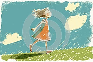 Summer time happiness. Little girl have a walk outdoors. Rural scene. Beautiful creative art. Generative AI