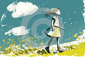 Summer time happiness. Little girl have a walk outdoors. Rural scene. Beautiful creative art. Generative AI