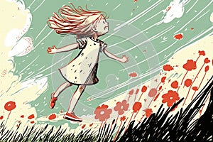 Summer time happiness. Little girl have a walk outdoors. Rural scene. Beautiful creative art. Generative AI