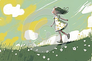 Summer time happiness. Little girl have a walk outdoors. Rural scene. Beautiful creative art. Generative AI