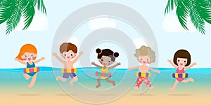 Summer Time, Happy group kids in swimming clothes with inflatable toys on beach, children with inflatable buoy jumping