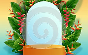 Summer time holiday vector design 3d products podium with colorful tropical flowers heliconia rostrata, leaves, nature, flamingo,