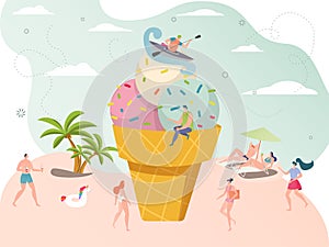 Summer time ice cream concept, tiny people enjoy vacation on seaside beach, vector illustration