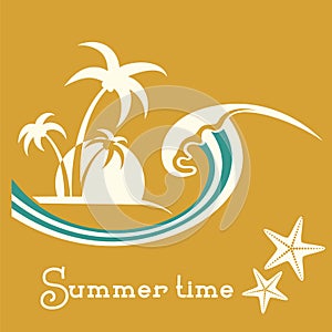 Summer time illustration with sea wave and tropical palm trees