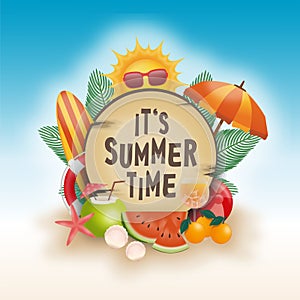 Summer Time Illustration Template with wood circle for Card, Banner, SNS Post, Poster