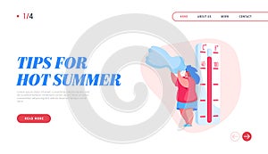 Summer Time Landing Page Template. Female Character Suffer of Hot Temperature. Woman Drinking Water