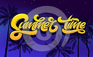 Summer Time lettering with palm tree and night sky. Vector lettering for sticker, banner, poster, broshure, flyer, card