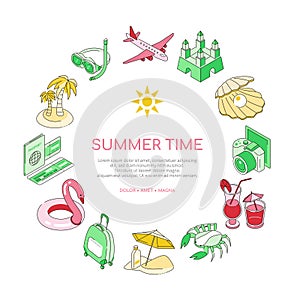 Summer time - modern isometric colorful banner with icons