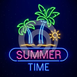 Summer time neon sign. Palm trees on sand beach, sun isolated on dark blue background. Summer logo, banner