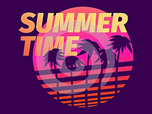 Summer time. Palm trees against a gradient sun in the style of the 80s. Synthwave and retrowave style. Design for advertising