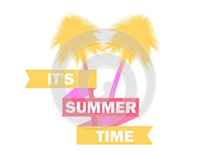 Summer time. Palm trees with ribbon and text on a white background. Vector