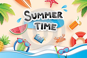 Summer time with paper cut symbol icon for vacation beach background. Art and craft style. Use for banner, poster, card, cover, s photo