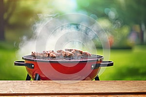 summer time party in backyard garden with grill BBQ, wooden table, blurred background