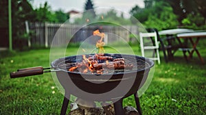 summer time party in backyard garden with grill BBQ, wooden table, blurred background