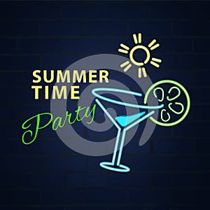 Summer time party with martini and sun in neon style. Vector illustration design