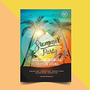 Summer time party poster design template with palms trees silhouettes. Modern style. Vector illustration - Vector