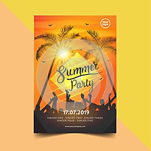 Summer time party poster design template with palms trees silhouettes.  Modern style. Vector illustration - Vector
