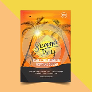 Summer time party poster design template with palms trees silhouettes.  Modern style. Vector illustration - Vector