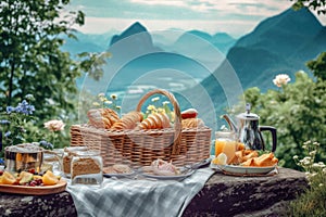 summer time picnic basket with fruit, berries, sandwiches, and iced tea on a blanket with a stunning mountainous landscape in the