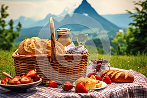 summer time picnic basket with fruit, berries, sandwiches, and iced tea on a blanket with a stunning mountainous landscape in the