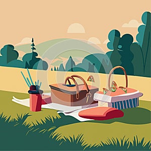 Summer time for picnic set up basket with healthy food on landscape background illustration vector 10 eps