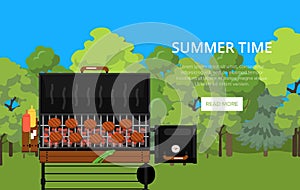 Summer time poster with meats on barbecue grill