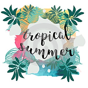 Summer Time poster. Text with frame on tropical leaves background. Trendy vector illustration.