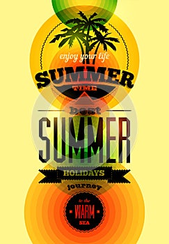 Summer time retro poster. Vector typographical design with colorful circle background. Eps 10.