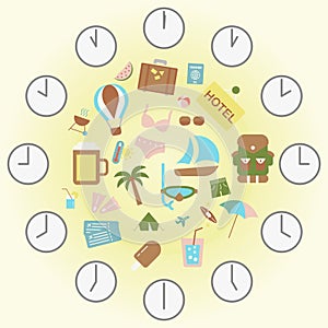 Summer time, sea and beach with things. Summer holiday icons. Vector graphics