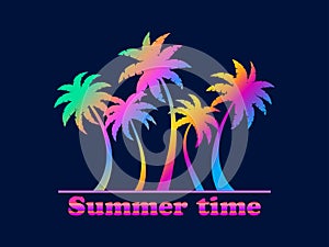 Summer time. Silhouette of gradient palm trees in 80s style on a black background. Tropical palms isolated. Design for posters,