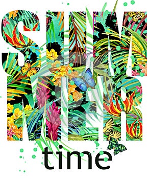 Summer time Tee Shirt design. Tropical plants texture. Summer time text.