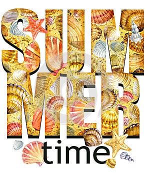 Summer time Tee Shirt design. Tropical plants texture. Summer time text.