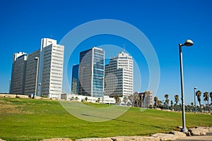 Summer time Tel Aviv Israeli capital city landmark urban photography with green grass square street lantern foreground and skyscra