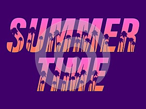 Summer time. Text with palm trees on a sunset. 80s retro design for banner, poster and party invitations. Vector illustration