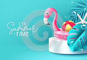 Summer time text vector banner design. It\'s summer time greeting with pink flamingo floaters photo