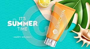 Summer time text vector banner. It\'s summer time happy holiday with sunscreen lotion