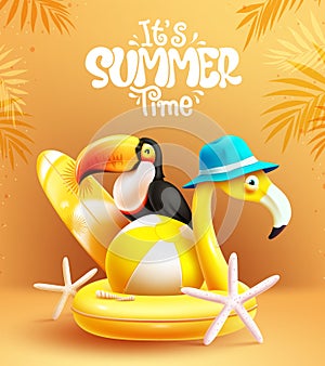 Summer time text vector design. It\'s summer time greeting with flamingo, toucan, surfboard and beachball beach elements