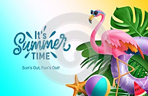 Summer time text vector design. It\'s summer time greeting text with pink flamingo wearing sunglasses photo
