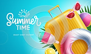 Summer time text vector design. Summer beach travel vacation luggage bag, floaters