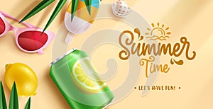 Summer time text vector design. Summer time greeting with tropical drinks soda, cola