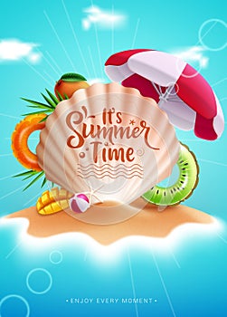 Summer time text vector poster design. It\'s summer time greeting text in shell clamp with umbrella photo