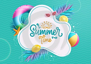 Summer time text vector template. Summer time typography in white space with floaters, beachball