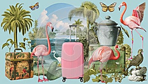 Summer time and travel concept. Vintage summer collage. Tropical Beach and Travel Essentials