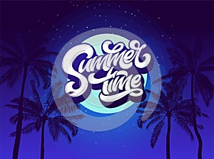 Summer Time Typography background with palm tree and night sky and moon. Vector lettering for sticker, banner, poster photo