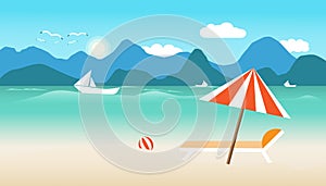 Summer time with umbrella ball chair on beach. boat in sea and sun bird fly bright over blue sky cloud mountain background. concep