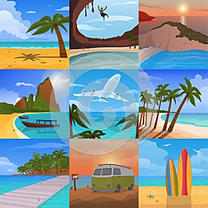 Summer time vacation nature tropical beach landscape of paradise island palm trees holidays vector illustration.