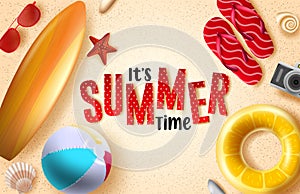 Summer time vector background design. It`s summer time 3d text in sand background with beach element like beach ball, floater.