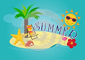 Summer time vector banner design with palm and beach cheir Vector illustration.