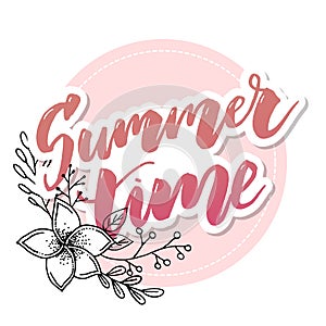 Summer time vector banner design with white circle for text and colorful beach elements in white background. Vector illustration